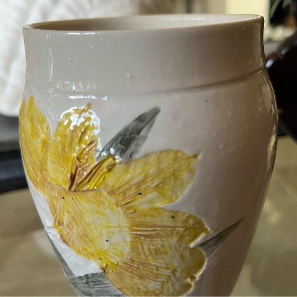 Artisan Signed Pottery Vase Leaf Flower Relief Botanical Art - Picture 8 of 11